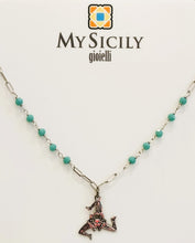 Carica l&#39;immagine nel visualizzatore di Gallery, My Sicily gioielli - Collana cristalli azzurri in argento 925 con ciondolo trinacria cesellata
