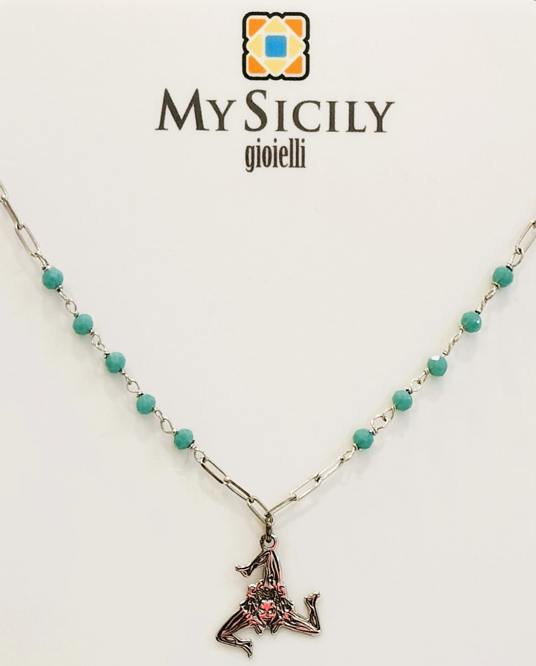 My Sicily gioielli - Collana cristalli azzurri in argento 925 con ciondolo trinacria cesellata