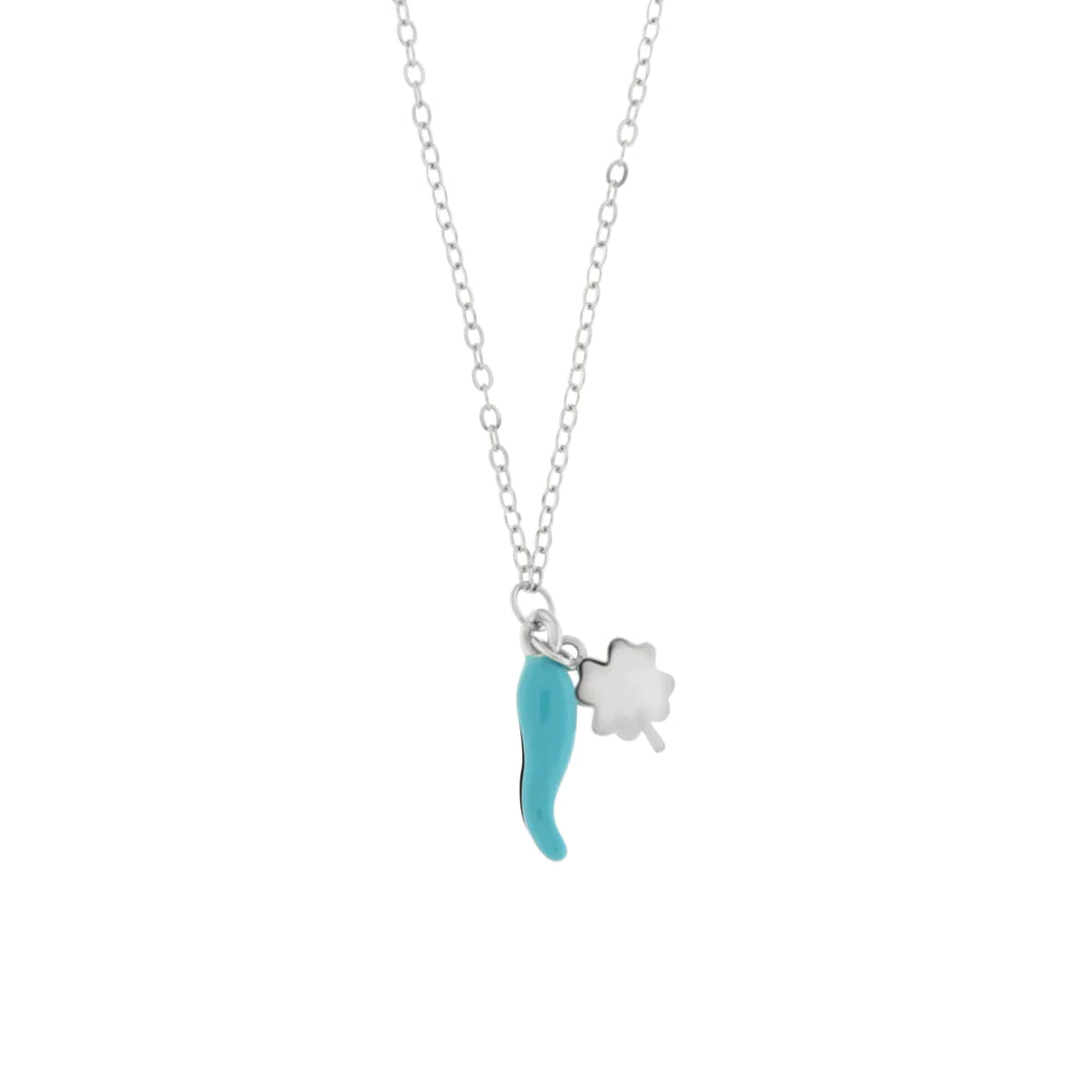 BYSIMON - Collana in Argento 925 con cornetto portafortuna turchese e quadrifoglio