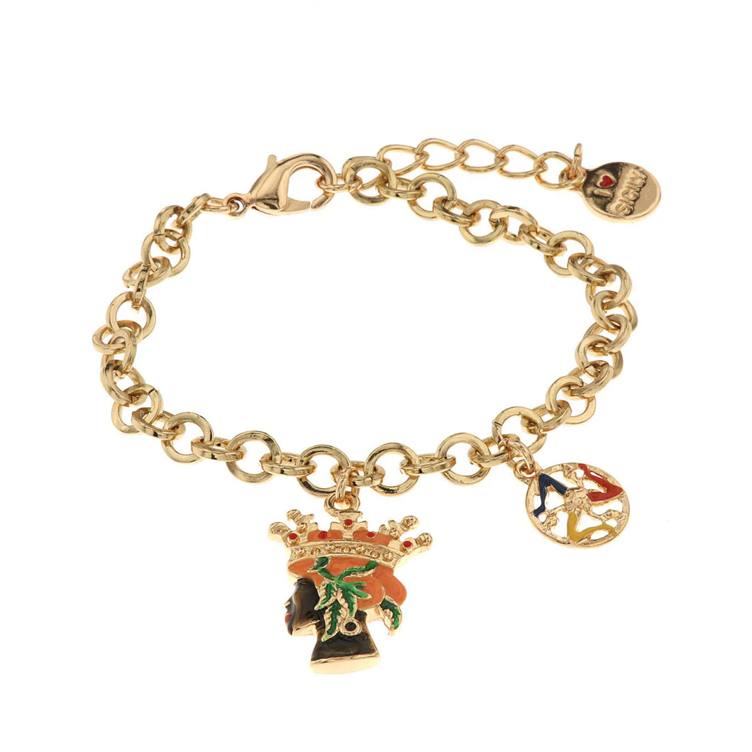 BYSIMON - Bracciale in Metallo con testa di moro donna e simbolo di Trinacria impreziositi da smalti colorati