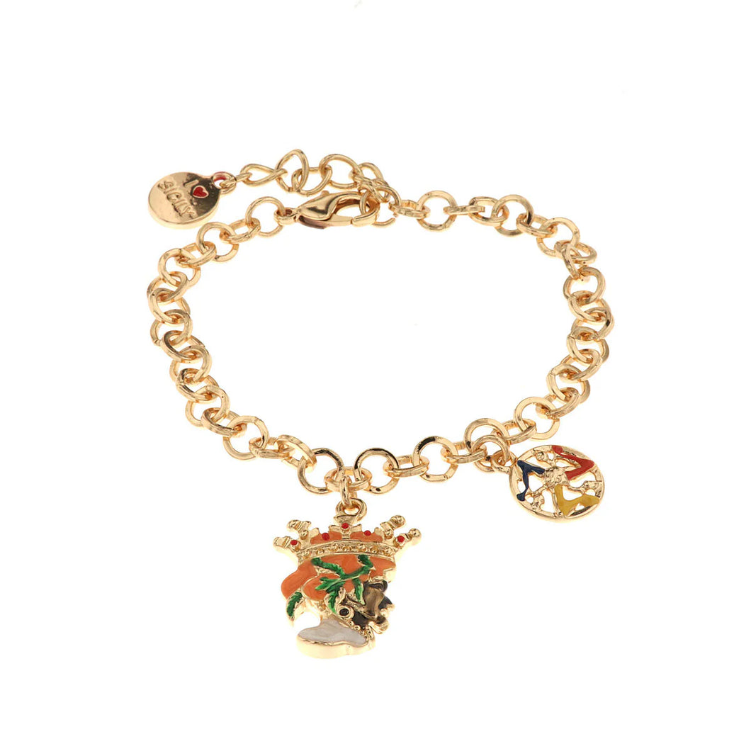 BYSIMON - Bracciale in Metallo con testa di moro uomo e simbolo di Trinacria impreziositi da smalti colorati