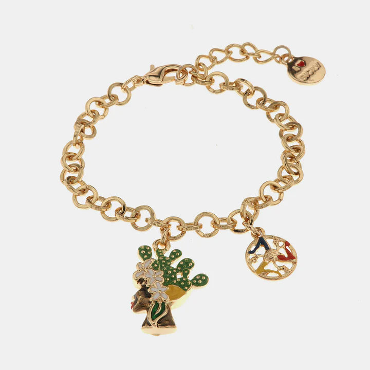 BYSIMON - Bracciale in Metallo con testa di moro donna e simbolo di Trinacria impreziositi da smalti colorati