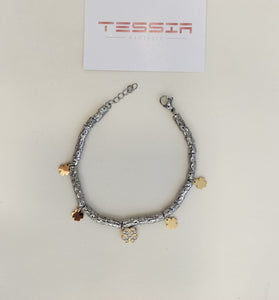 TESSIA gioielli - Bracciale acciaio inox con pepite e quadrifogli, colore dorato.