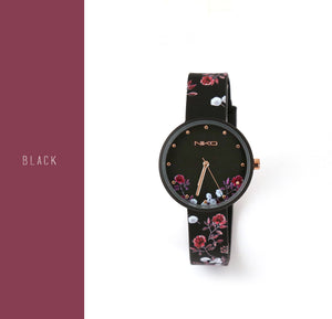 Orologio analogico con cinturino gommato colore nero con stampe floreali - NIKO Watch black