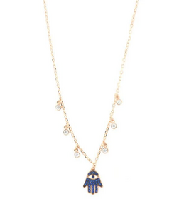 BYSIMON - Collana in argento placcata oro rosè con pendente a forma di mano di fatima e zirconi colorati