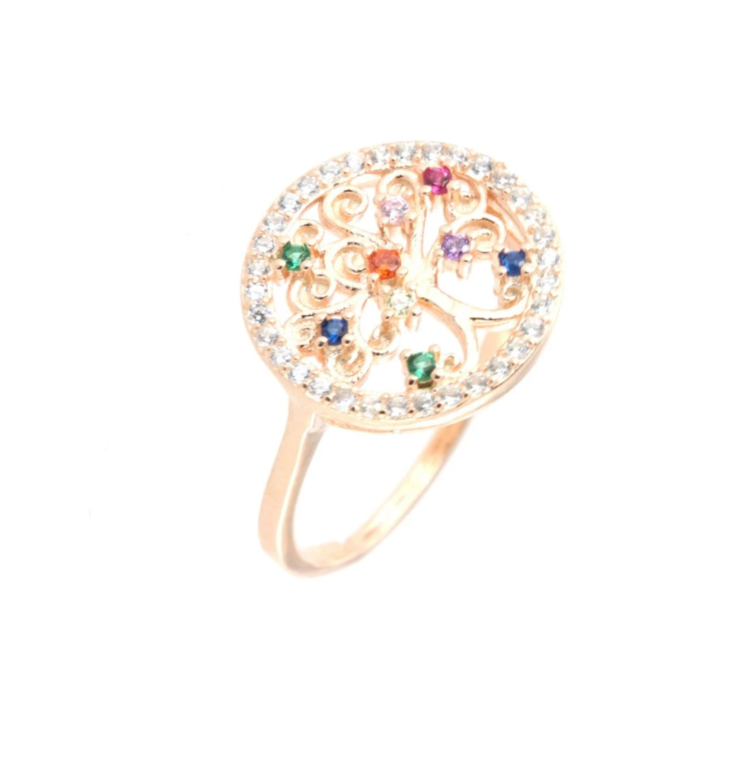 BYSIMON - Anello in Argento 925 albero della vita a zirconi multicolor, incorniciato in giro di zirconi bianchi
