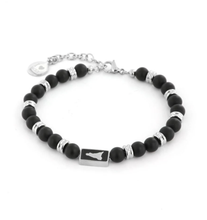 Carica l&#39;immagine nel visualizzatore di Gallery, BYSIMON - Bracciale in Acciaio con pietre effetto onice satinato, intervallate da anelli in acciaio, e piastra centrale con simbolo Sicilia impreziosita da smalto nero
