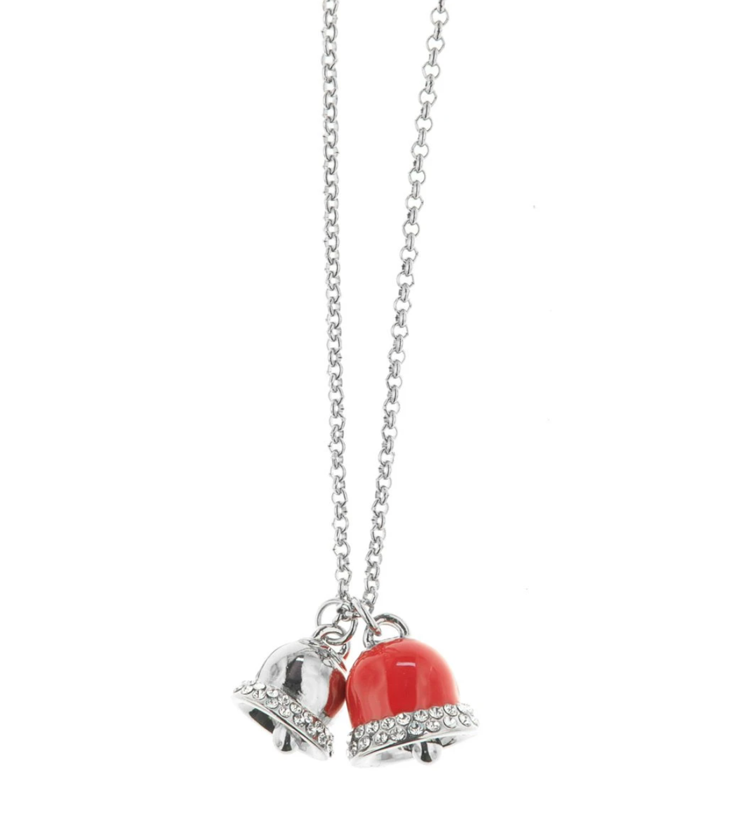 BYSIMON - Collana in Metallo con campanelle portafortuna smaltata rossa e con cristalli bianchi