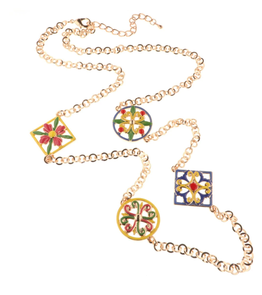 BYSIMON - Collana in Metallo con dettagli in maiolica a fiore con smalti colorati