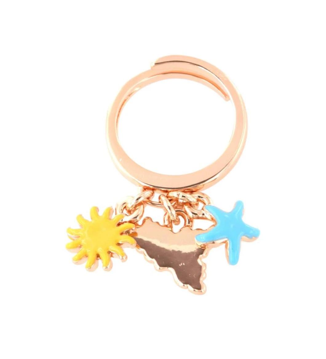 BYSIMON - Anello in Metallo con charms, Sicilia, sole e stella marina, impreziositi da smalti colorati