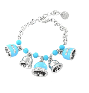 BYSIMON - Bracciale in Metallo maglia rolò con turchesini, charms campanelle pendenti impreziosite da smalto turchese e cristalli bianchi