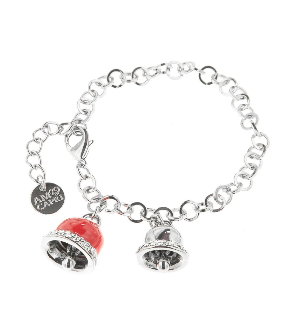 BYSIMON - Bracciale in Metallo con campanella portafortuna smaltata rossa e con cristalli bianchi