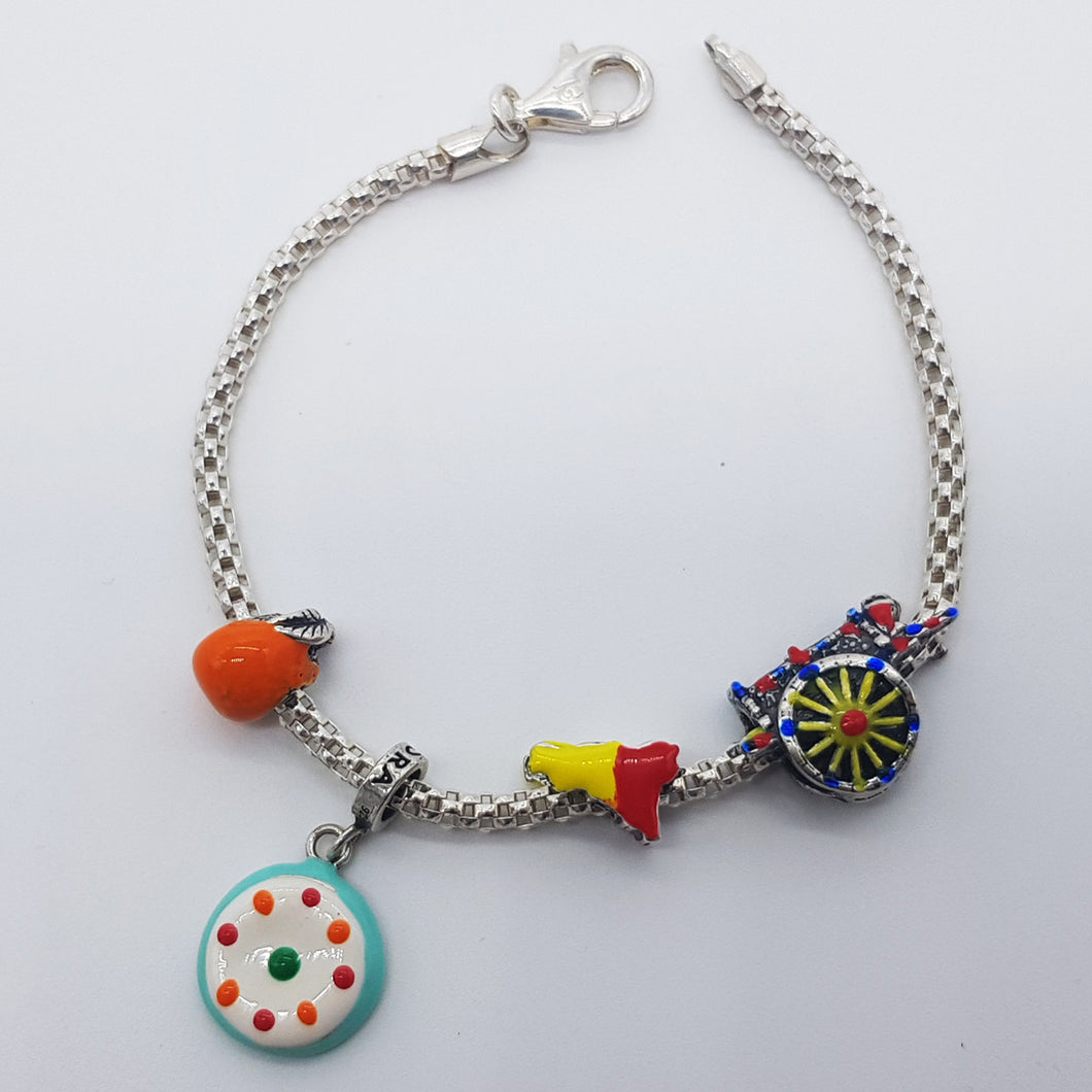 BRACCIALE TEDORA IN ARGENTO 925 CON CHARMS CARRETTO SICILIANO, CASSATA SICILIANA, ARANCIA E SICILIA