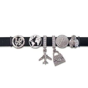 MAGNOLIA - Bracciale componibile base similpelle nera e charm Love - Mondo - Aereo - Borsa - Tondo e Coccinella