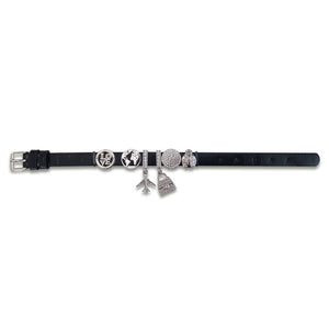 MAGNOLIA - Bracciale componibile base similpelle nera e charm Love - Mondo - Aereo - Borsa - Tondo e Coccinella