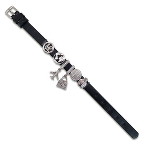 MAGNOLIA - Bracciale componibile base similpelle nera e charm Love - Mondo - Aereo - Borsa - Tondo e Coccinella