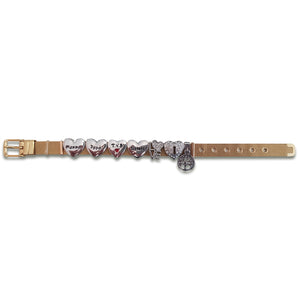 MAGNOLIA - Bracciale componibile base maglia milano dorata e charm cuore Mamma, cuore Papà, cuore T.V.B., cuore Sisters, Love, cuore lucchetto e albero della vita