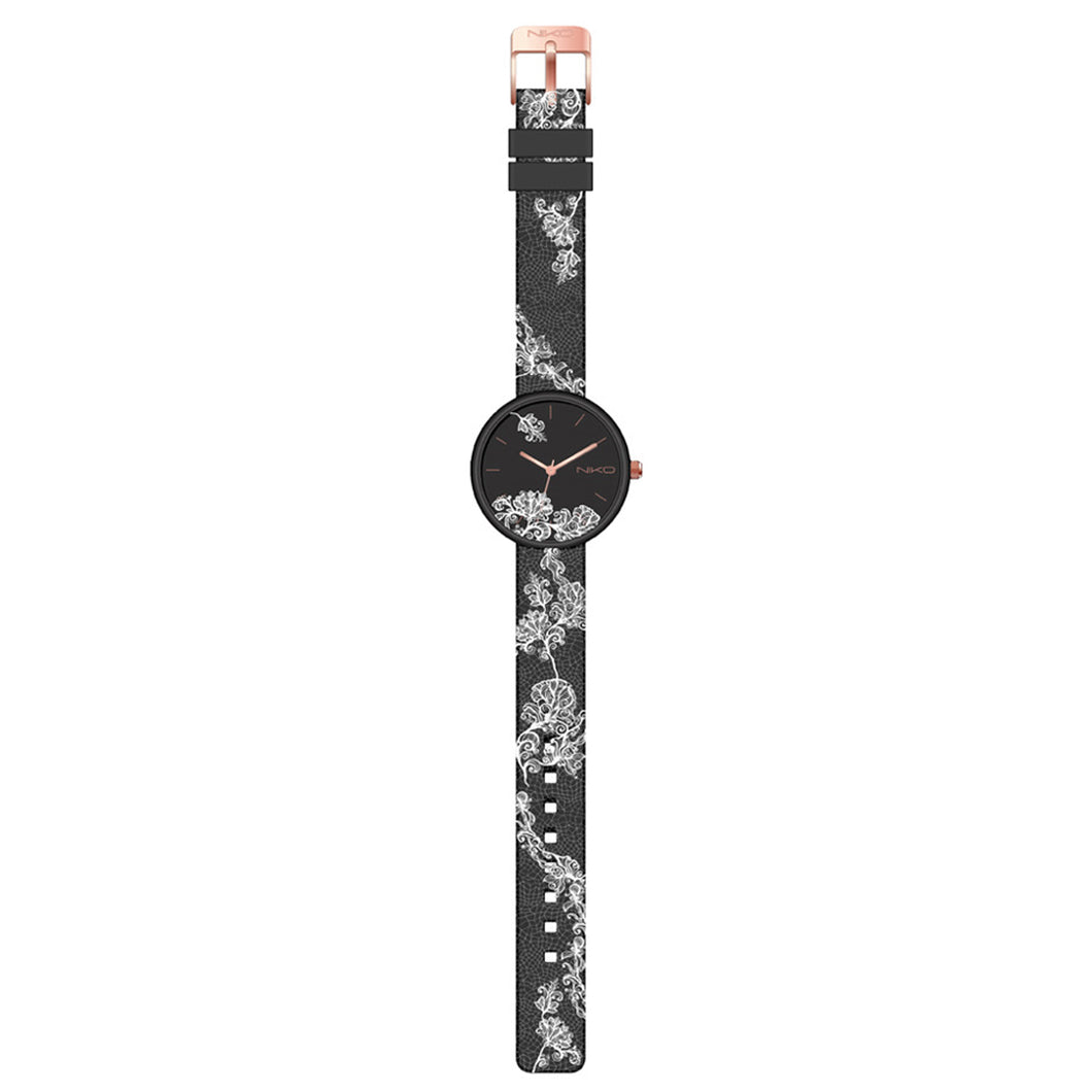 Orologio floreale cinturino gommato colore nero - NIKO Watch
