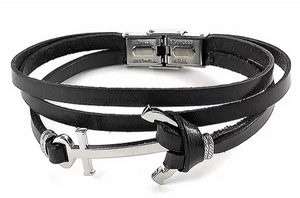 BRACCIALE UOMO CUOIO NERO E ANCORA IN ACCIAIO