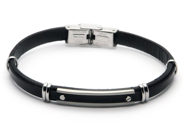 Bracciale in acciaio con cuoio Nero