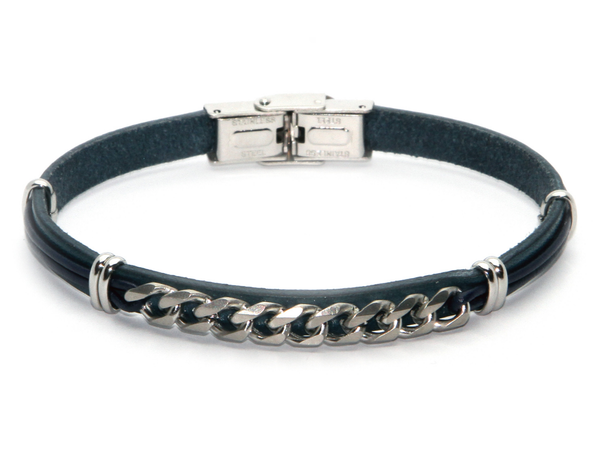 H2ON - Bracciale in acciaio con cuoio blu e catena