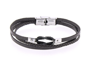 Bracciale in acciaio e cuoio nero con nodo cavetto