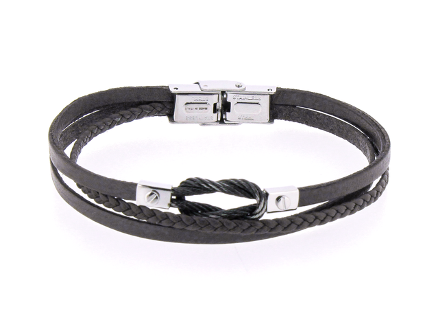 Bracciale in acciaio e cuoio nero con nodo cavetto