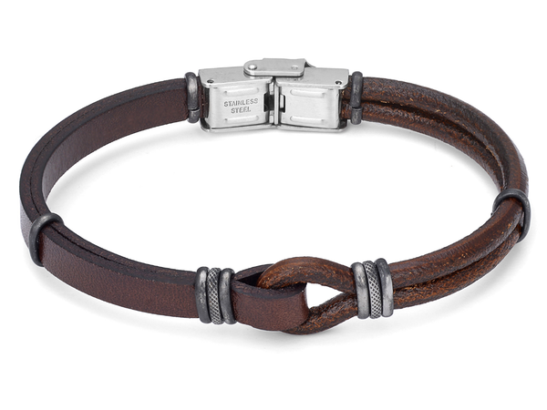 Bracciale in acciaio con cuoio marrone e fasce nero vintage