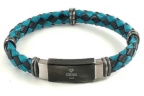 BRACCIALE UOMO IN ACCIAO E CUOIO INTRECCIATO BLU CHIARO E BLU SCURO