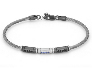 Bracciale in acciaio con semilavorati in Argento 925 colore rutenio e Swarovski nero e blu zaffiro