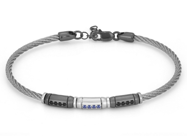 Bracciale in acciaio con semilavorati in Argento 925 colore rutenio e Swarovski nero e blu zaffiro