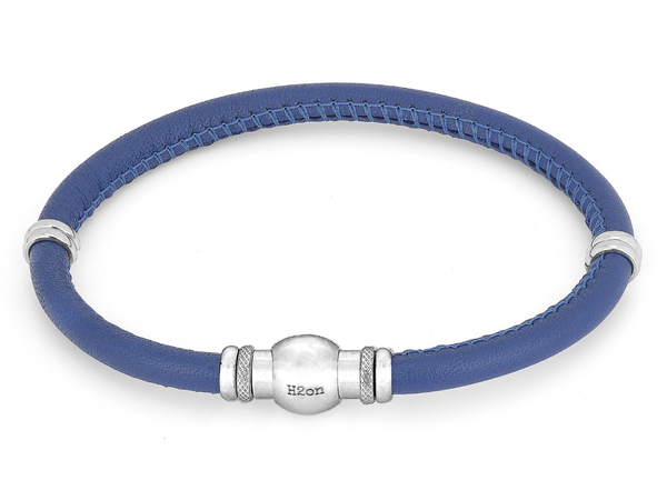 Bracciale in cuoio cucito blu con chiusura magnetica in acciaio