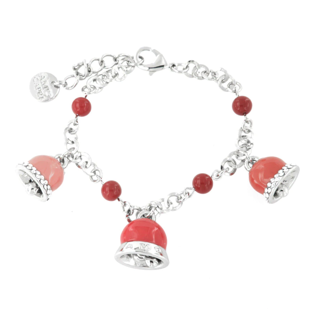 BYSIMON - Bracciale in maglia rolò, con corallini rossi e trio di campane pendenti impreziosite da smalti nelle gradazioni del rosso