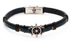 H2ON - Bracciale in acciaio con cuoio blu e timone