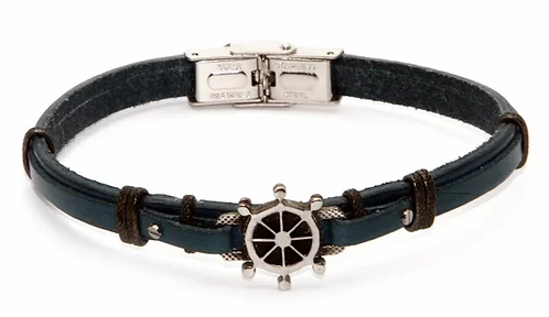 H2ON - Bracciale in acciaio con cuoio blu e timone