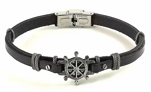 H2ON - Bracciale in acciaio con cuoio nero e timone