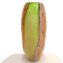 Carica l&#39;immagine nel visualizzatore di Gallery, Vaso in vetro colorato arancione, verde e nero con avventurina e murrina
