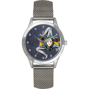 MIZZICA Time - Orologio con simbolo tipico Trinacria di Sicilia quadrante stampato e maglia milano – MC136 - Clock with typical Sicilian symbol
