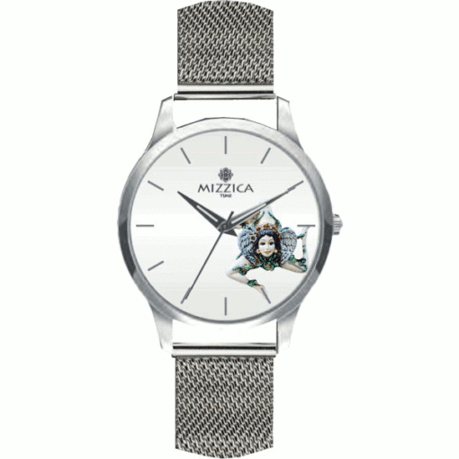 MIZZICA Time - Orologio UOMO con simbolo tipico di Sicilia trinacria quadrante stampato e maglia milano – MU103 - Clock MAN with typical Sicilian symbol