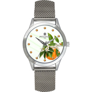 MIZZICA Time - Orologio con simbolo tipico siciliano Le Zagare quadrante stampato e maglia milano – MC131 - Clock with typical Sicilian symbol the orange blossoms