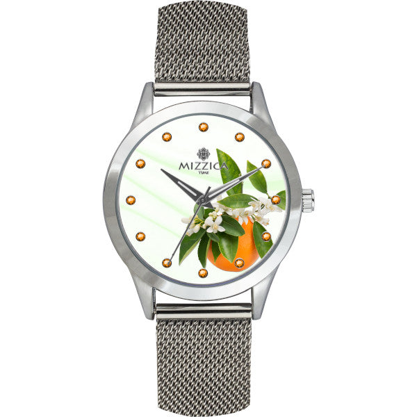 MIZZICA Time - Orologio con simbolo tipico siciliano Le Zagare quadrante stampato e maglia milano – MC131 - Clock with typical Sicilian symbol the orange blossoms